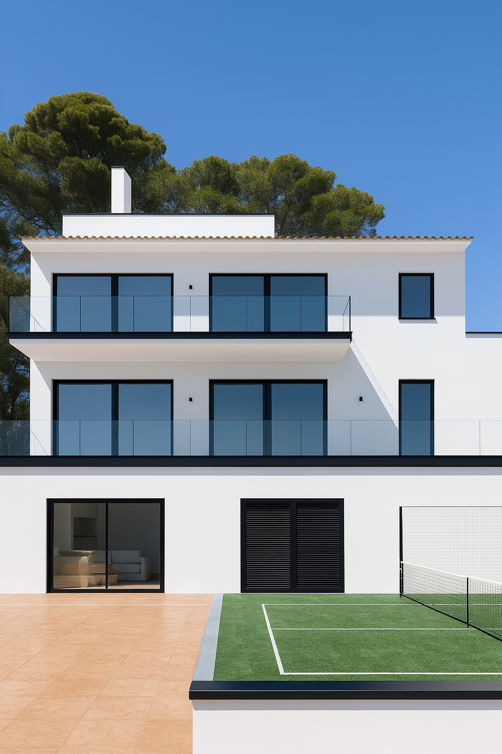 Rénovation d'une maison moderne à Bellamar Castelldefels avec un design contemporain, des fenêtres allant du sol au plafond et une piscine à débordement.